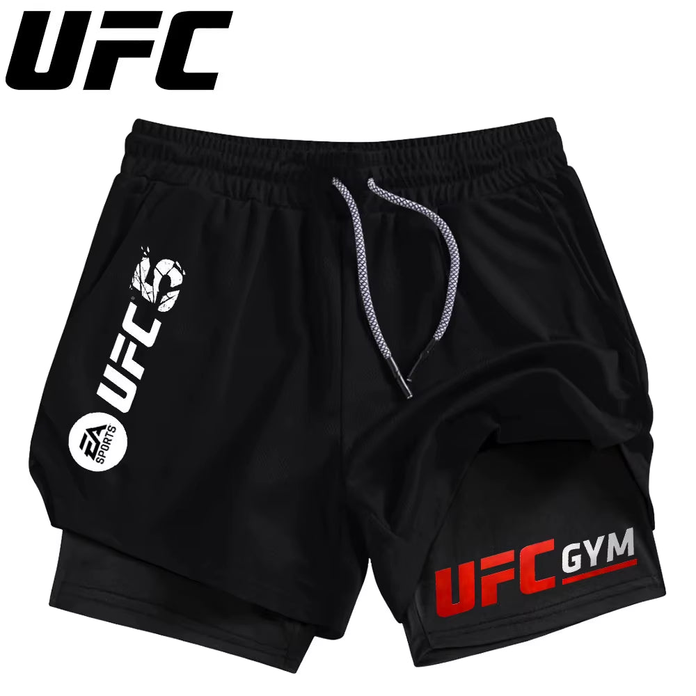 Men'S Double Layer Fitness Shorts Men Fitness Gym Training 2 in 1 Sports Shorts Quick Dry Workout Jogging Double Deck Summer