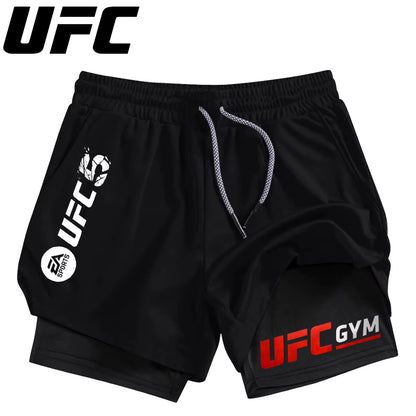 Men'S Double Layer Fitness Shorts Men Fitness Gym Training 2 in 1 Sports Shorts Quick Dry Workout Jogging Double Deck Summer