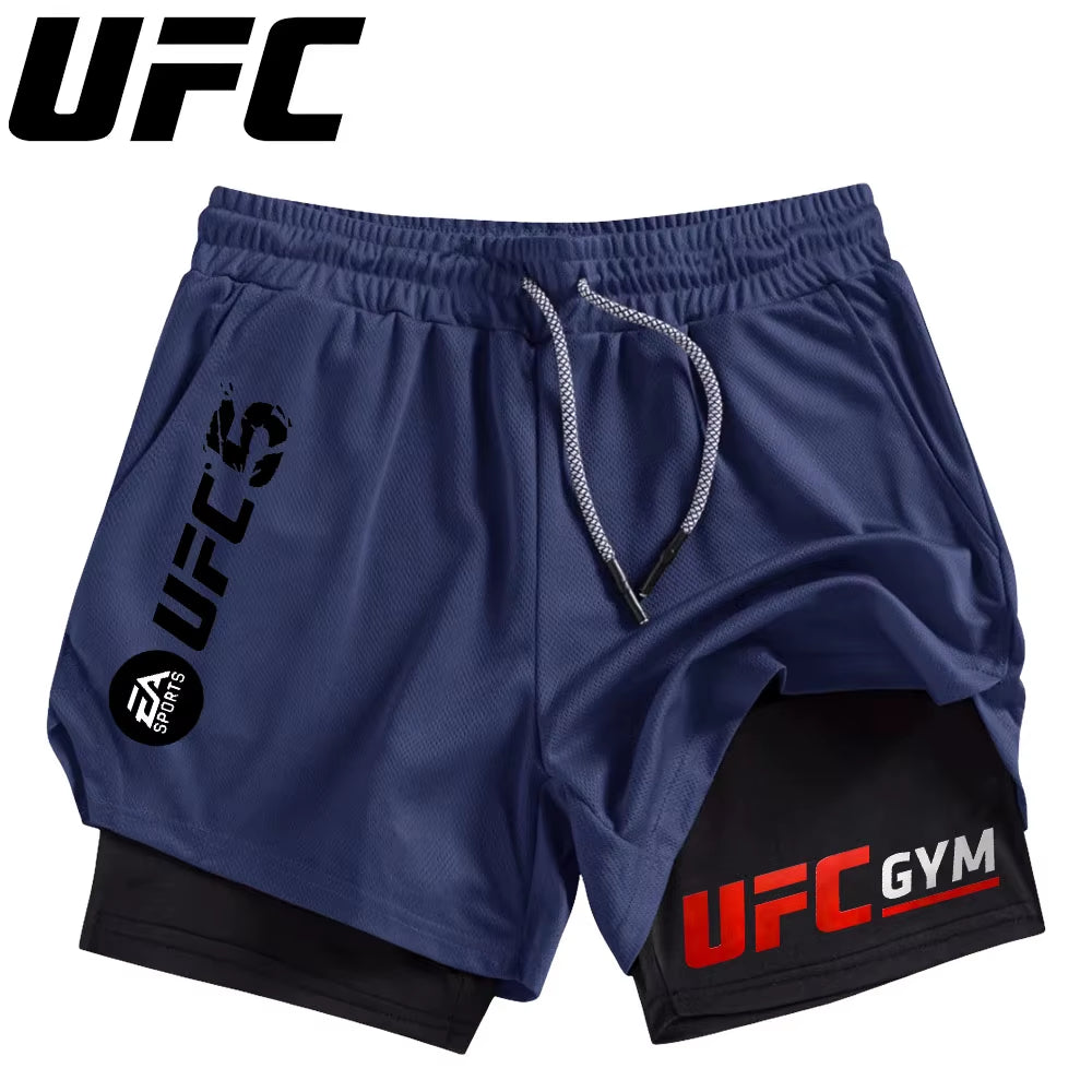 Men'S Double Layer Fitness Shorts Men Fitness Gym Training 2 in 1 Sports Shorts Quick Dry Workout Jogging Double Deck Summer